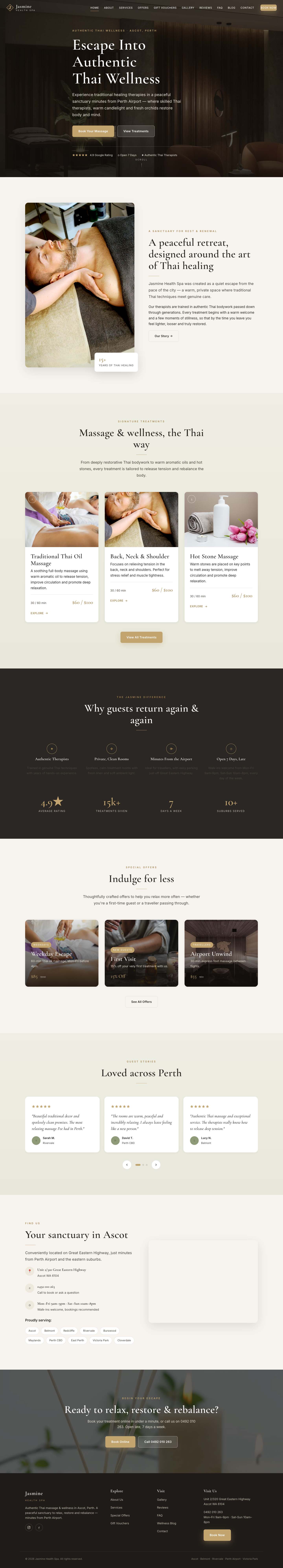 Jasmine Health Spa homepage — dark luxury Thai day spa website built by Blue Peek